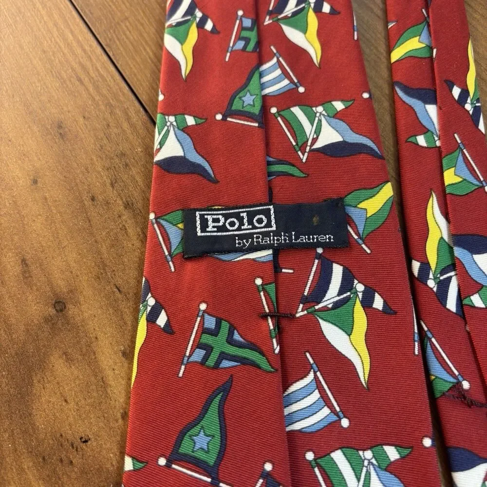 Polo Ralph Lauren Mens Silk Tie Red Nautical Signal Flags Sailing USA Made
